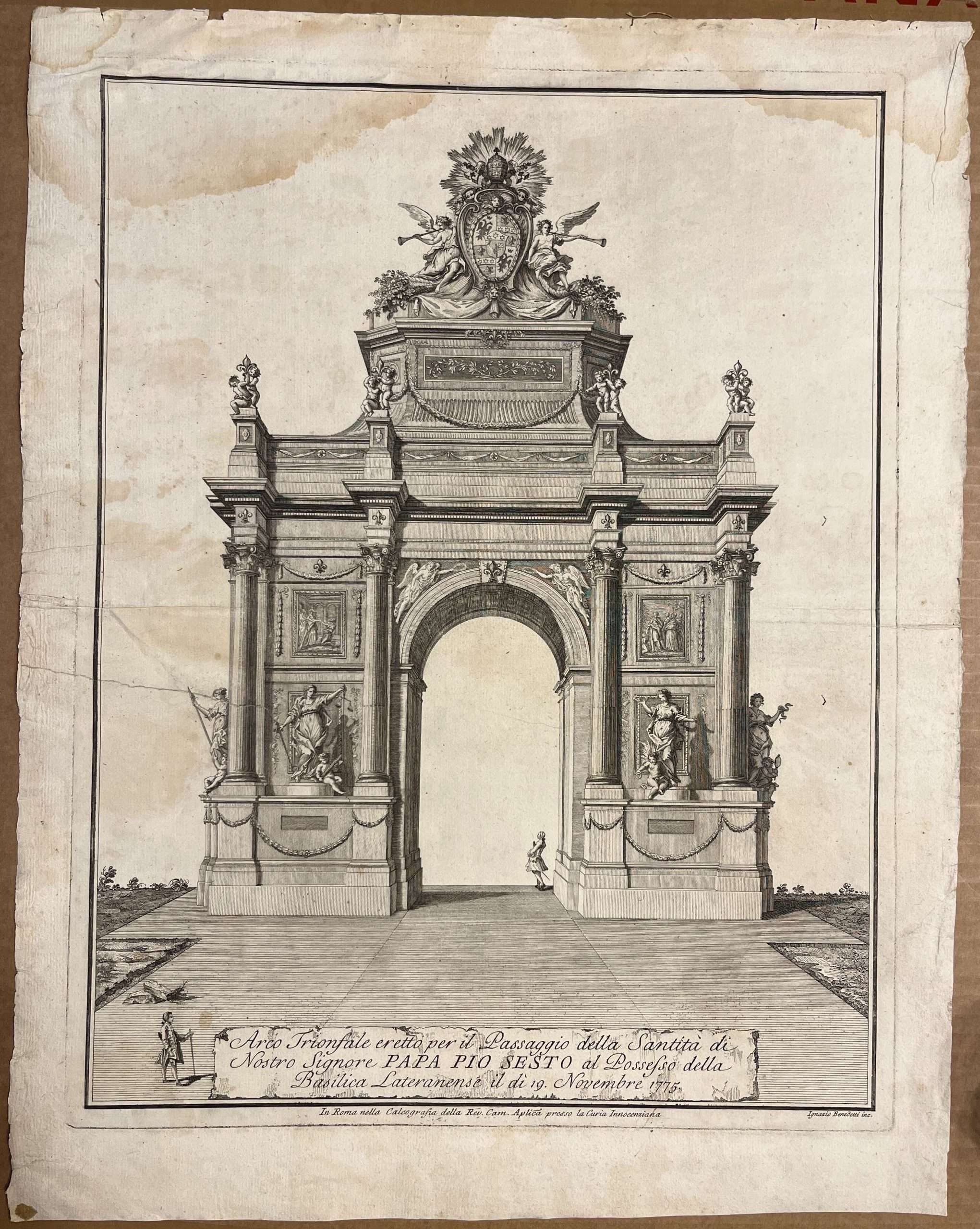 Rare 1775 print ; Festival Triumphal arch built for passage / procession of new POPE PIUS SESTO VI in ROME