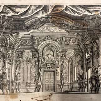 Print circa 1690 possibly after Domenico Mauro , fine baroque interior theatre stage set with raised curtain