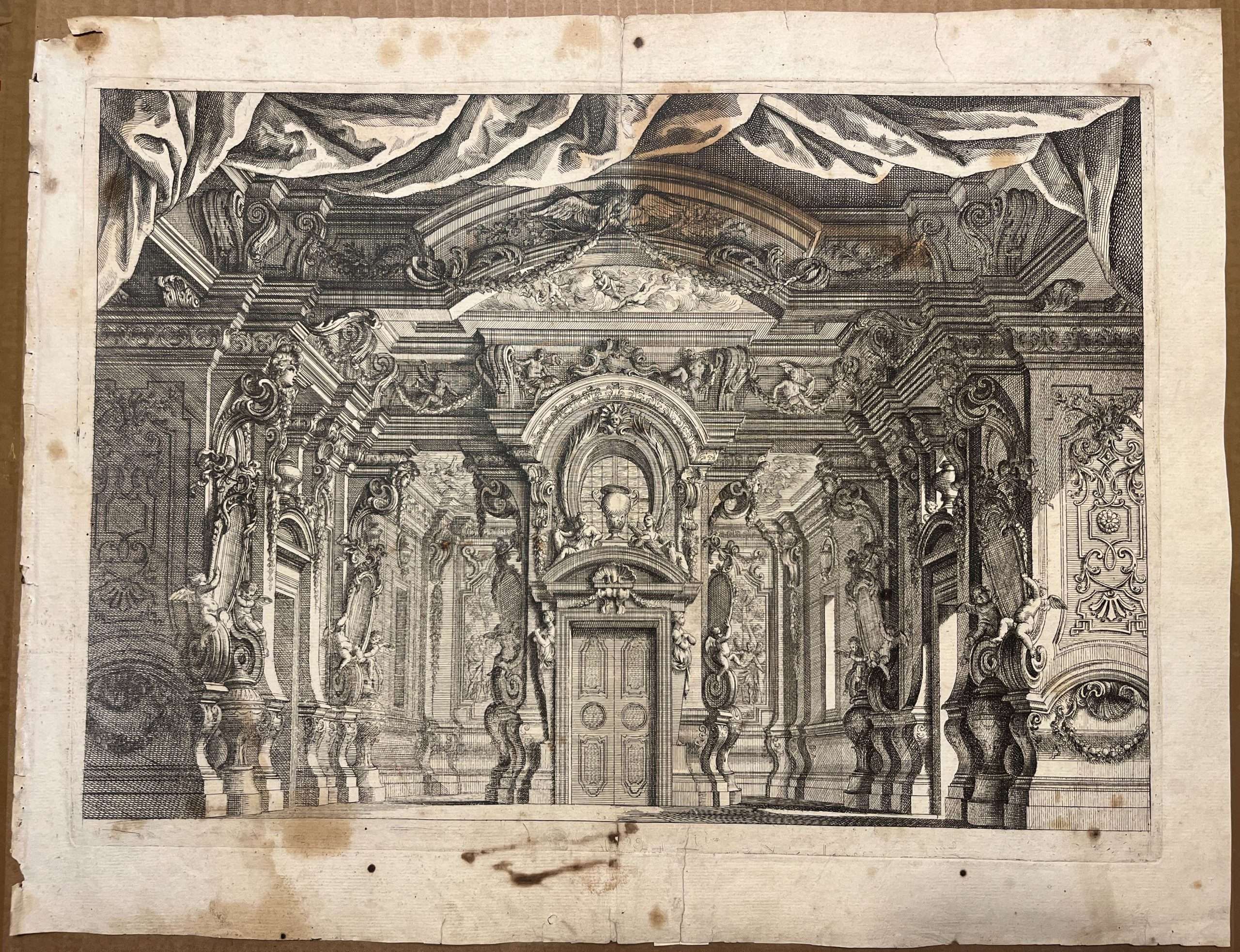 Print circa 1690 possibly after Domenico Mauro , fine baroque interior theatre stage set with raised curtain - Image 3