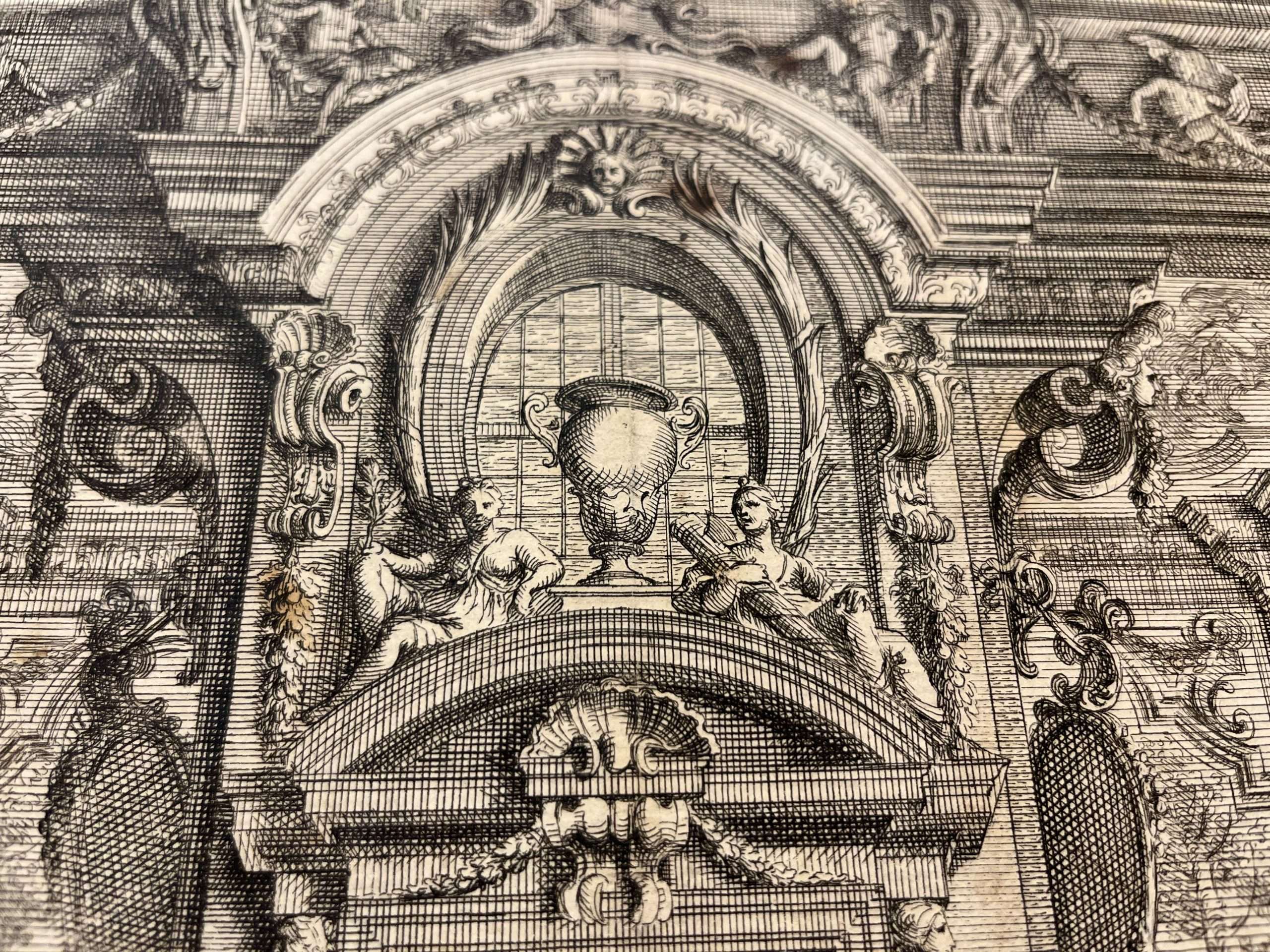 Print circa 1690 possibly after Domenico Mauro , fine baroque interior theatre stage set with raised curtain - Image 5