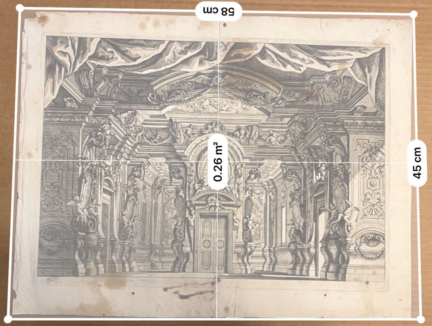 Print circa 1690 possibly after Domenico Mauro , fine baroque interior theatre stage set with raised curtain - Image 6