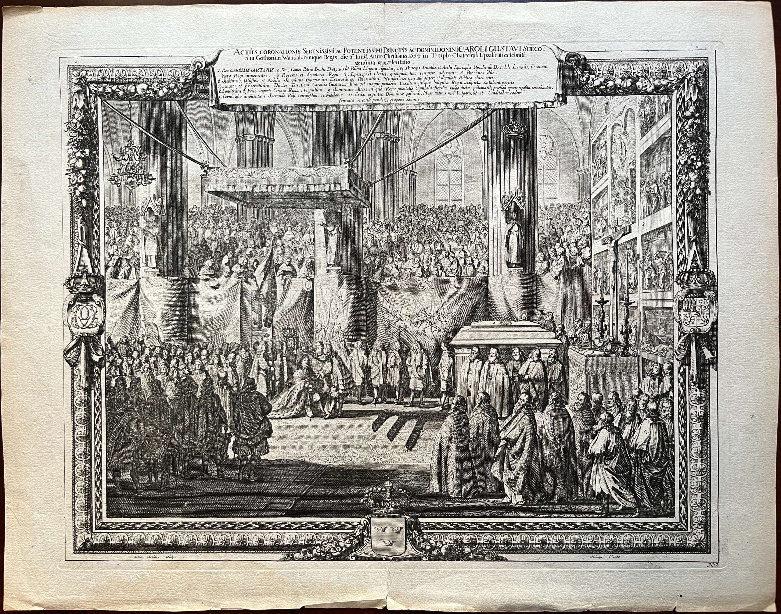 3 PLATES; Engraving etching by Willem Swidde 1660-1697 \ Abdication of Queen Christine at Uppsala, 1654 in Uppsala Cathedral, plate no. 1 from: Samuel von Pufendorf, De rebus a Carolo Gustavo Sveciae Rege gestis commentariorum //Engraving etching by Willem Swidde 1660-1697 \ Coronation of Karl Gustav von Pfalz-Zweibrücken as King of Sweden on June 16, 1654 in Uppsala Cathedral, plate no. 2 // Engraving etching by Jean Lepautre \ Coronation of Princess Hedwig Eleonora von Holstein-Gottorf as Queen of Swedenon June 16, 1654 in Uppsala Cathedral, plate no. 3 - Image 3