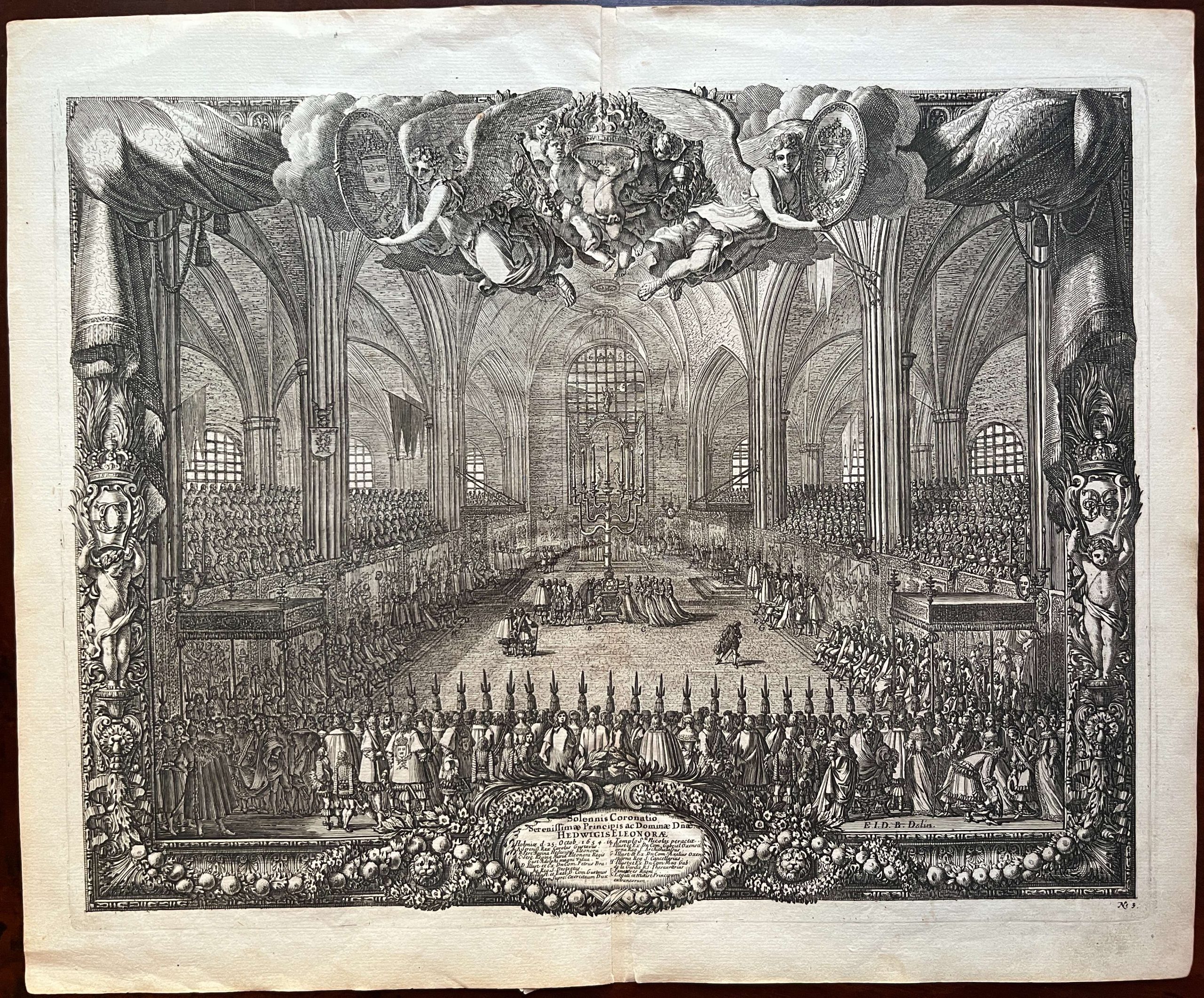 3 PLATES; Engraving etching by Willem Swidde 1660-1697 \ Abdication of Queen Christine at Uppsala, 1654 in Uppsala Cathedral, plate no. 1 from: Samuel von Pufendorf, De rebus a Carolo Gustavo Sveciae Rege gestis commentariorum //Engraving etching by Willem Swidde 1660-1697 \ Coronation of Karl Gustav von Pfalz-Zweibrücken as King of Sweden on June 16, 1654 in Uppsala Cathedral, plate no. 2 // Engraving etching by Jean Lepautre \ Coronation of Princess Hedwig Eleonora von Holstein-Gottorf as Queen of Swedenon June 16, 1654 in Uppsala Cathedral, plate no. 3 - Image 4