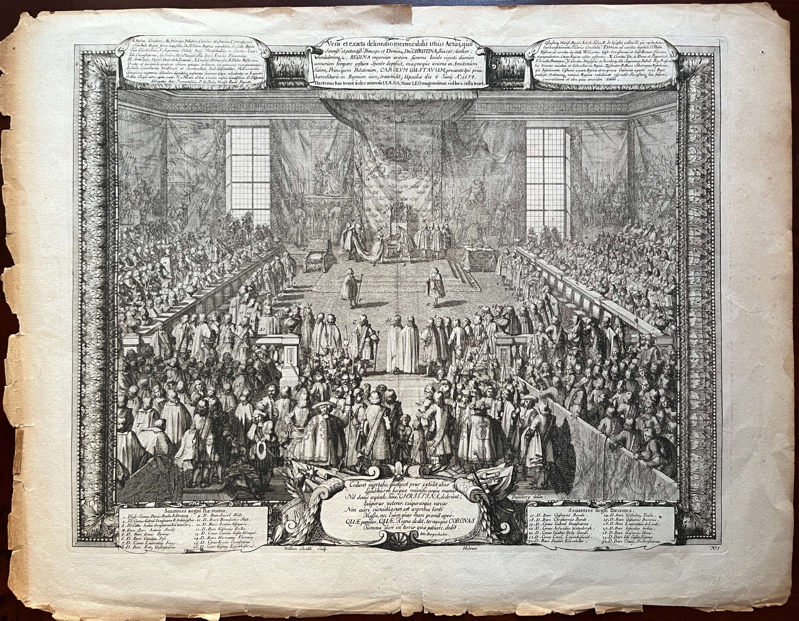 3 PLATES; Engraving etching by Willem Swidde 1660-1697 \ Abdication of Queen Christine at Uppsala, 1654 in Uppsala Cathedral, plate no. 1 from: Samuel von Pufendorf, De rebus a Carolo Gustavo Sveciae Rege gestis commentariorum //Engraving etching by Willem Swidde 1660-1697 \ Coronation of Karl Gustav von Pfalz-Zweibrücken as King of Sweden on June 16, 1654 in Uppsala Cathedral, plate no. 2 // Engraving etching by Jean Lepautre \ Coronation of Princess Hedwig Eleonora von Holstein-Gottorf as Queen of Swedenon June 16, 1654 in Uppsala Cathedral, plate no. 3 - Image 2