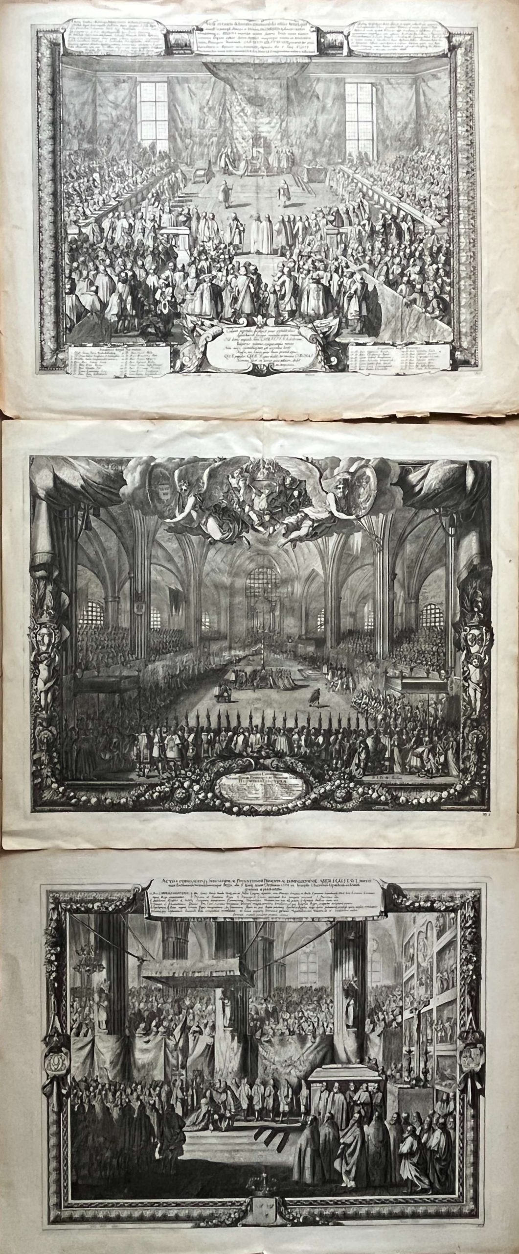 3 PLATES; Engraving etching by Willem Swidde 1660-1697 \ Abdication of Queen Christine at Uppsala, 1654 in Uppsala Cathedral, plate no. 1 from: Samuel von Pufendorf, De rebus a Carolo Gustavo Sveciae Rege gestis commentariorum //Engraving etching by Willem Swidde 1660-1697 \ Coronation of Karl Gustav von Pfalz-Zweibrücken as King of Sweden on June 16, 1654 in Uppsala Cathedral, plate no. 2 // Engraving etching by Jean Lepautre \ Coronation of Princess Hedwig Eleonora von Holstein-Gottorf as Queen of Swedenon June 16, 1654 in Uppsala Cathedral, plate no. 3